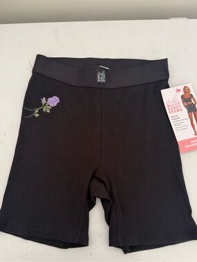 Black Ribbed Bike Shorts with Purple Rose